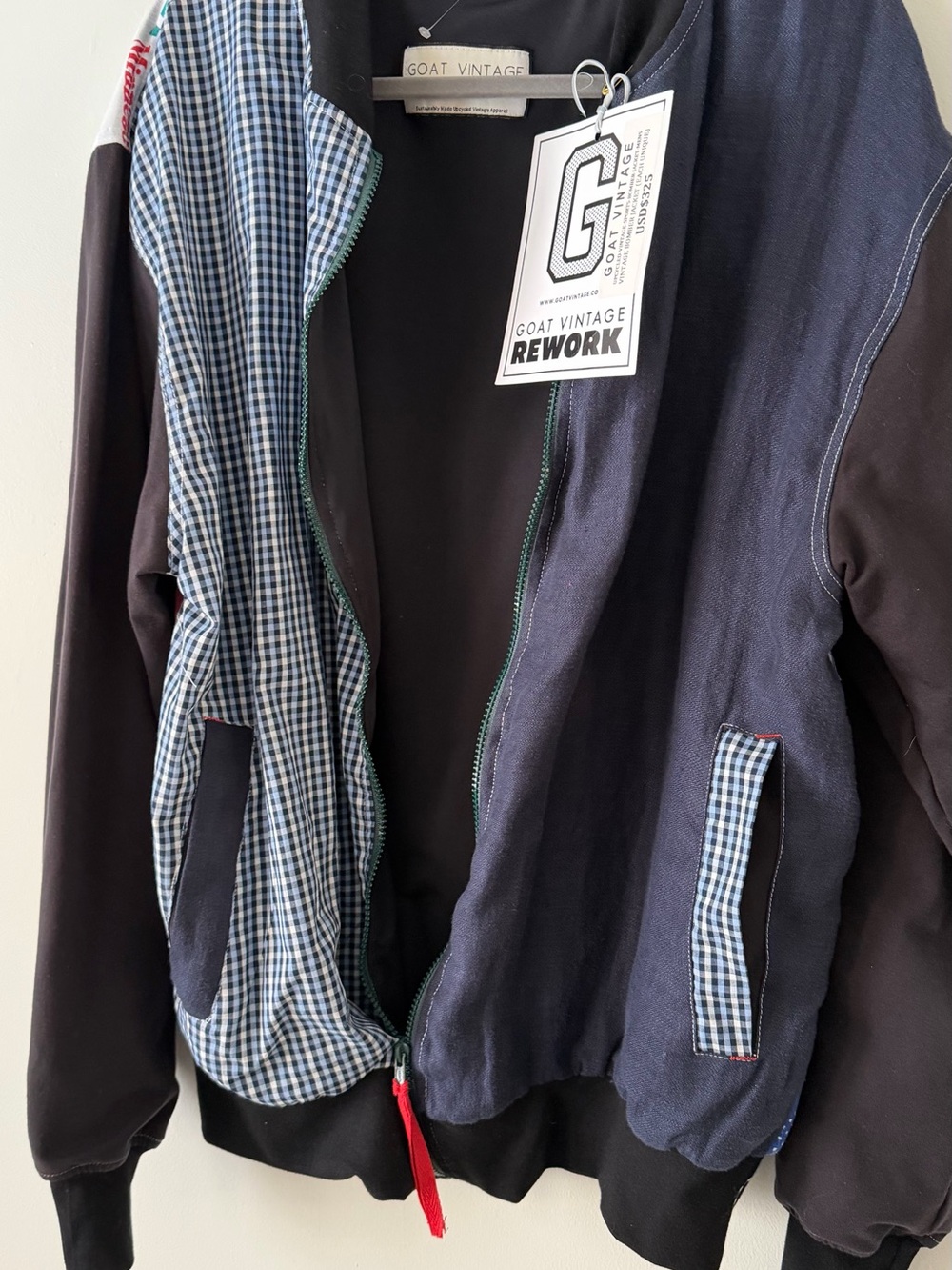 Goat Vintage Rework Navy & Black Patchwork Bomber Jacket - Picture 7 of 9